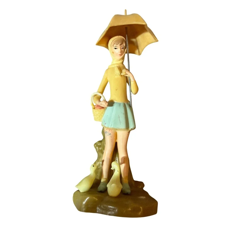 Vintage 1973 Wilton Girl with Umbrella and Ducks Figurine Cake Topper